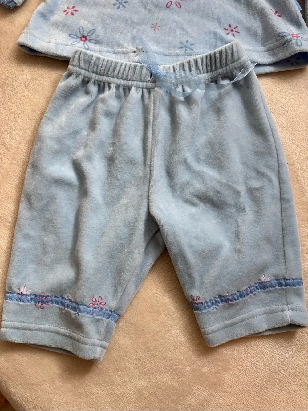 Vintage Carter’s Baby Girl Velour Flower Outfit Set Light Blue 3-6 Months